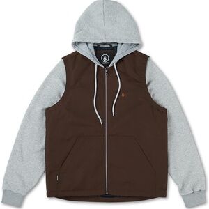 Volcom Volblaster jacket in mahogany canvas with grey fleece sleeves and a hood